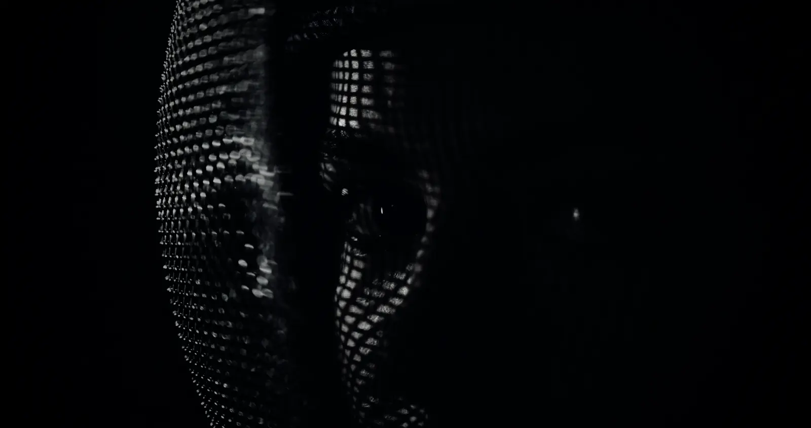 A close view through the mesh of a fencing mask